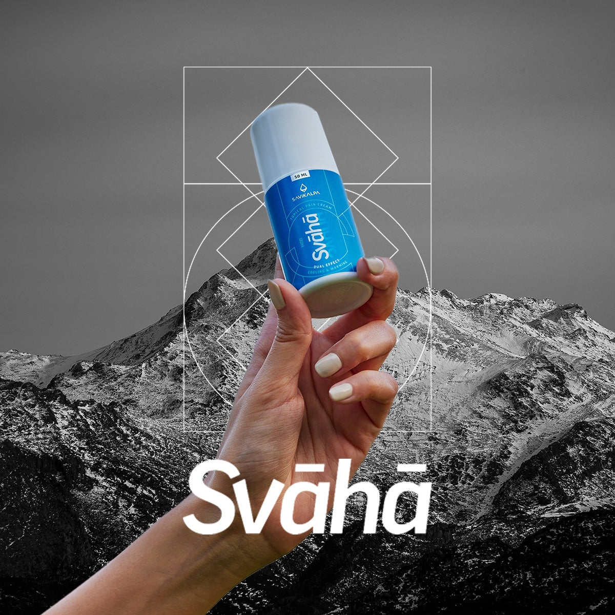Svaha, a pain cream for aches, sprains, strains, soreness and more, held against the soothing atmosphere of the mountains.