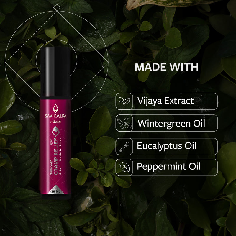 Savikalpa's Shunyata Cramp Relief atop its ingredients: Vijaya Extract, wintergreen, eucalyptus, and peppermint.